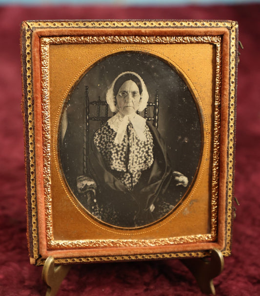 Lot 023 - Antique 1/6th Plate Daguerreotype Of Old Woman Sitting In Handsome Chair, In Half Case