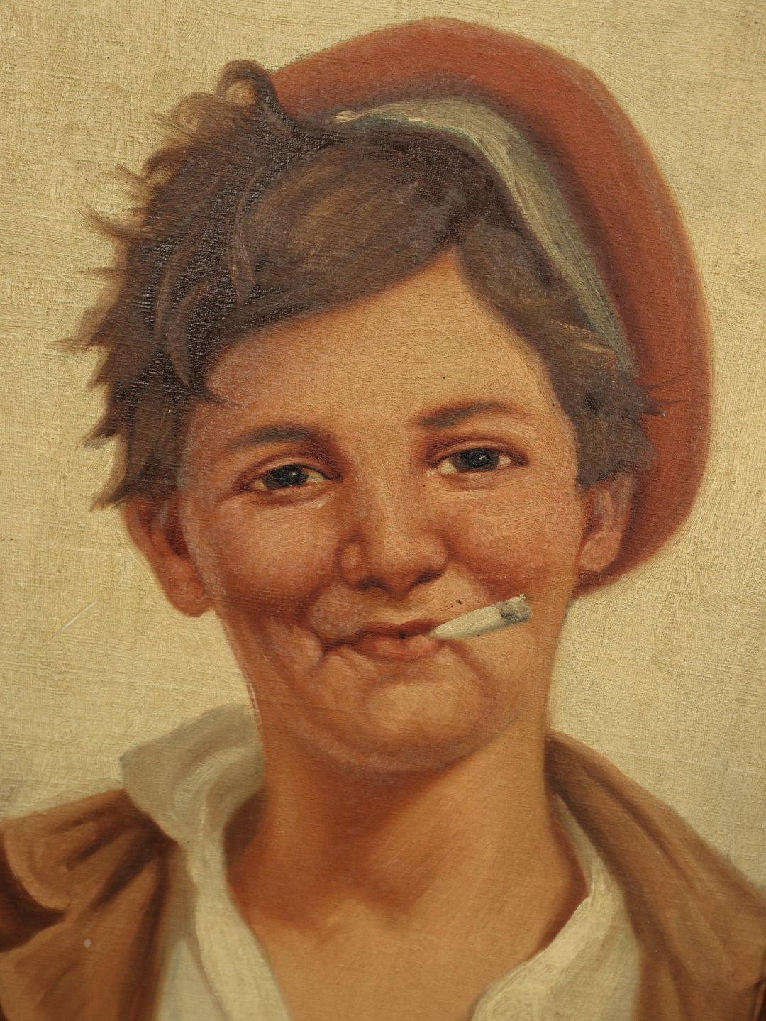 Lot 030 - Vintage Boy Smoking Cigarette Oil On Board Painting, Signed Rossi, Likely Done After Rossi & Italian Contemporaries, Such As Antonio Vallone