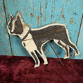 Lot 035 - Antique Folk Art Boston Terrier Wood Cut Lawn Ornament, Hand Painted, Hand Cut, With Metal Stake, Rough Condition, Splits