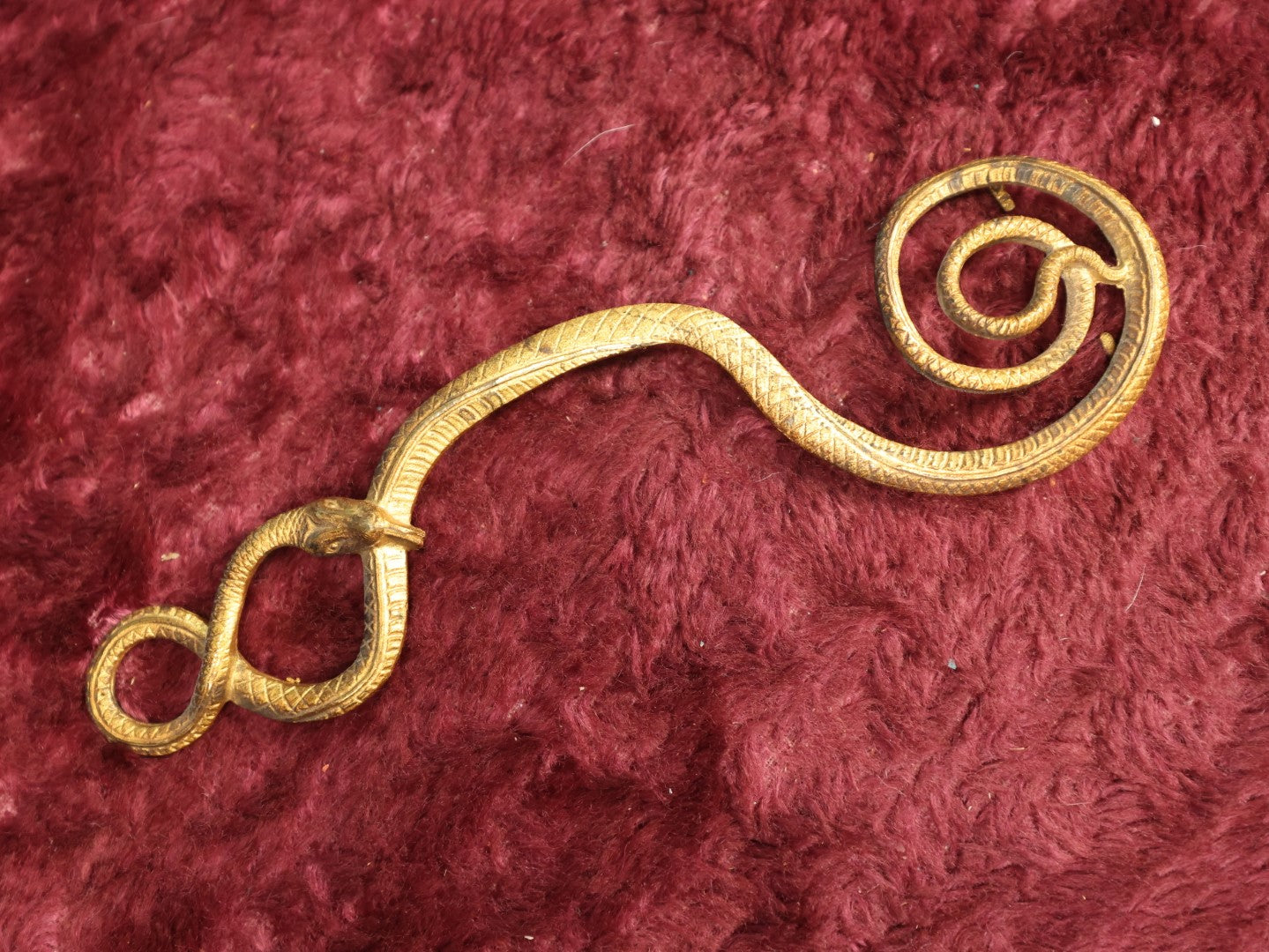 Lot 036 - Unusual Curly Brass Snake Ornament, Has Tines For Mounting To Something