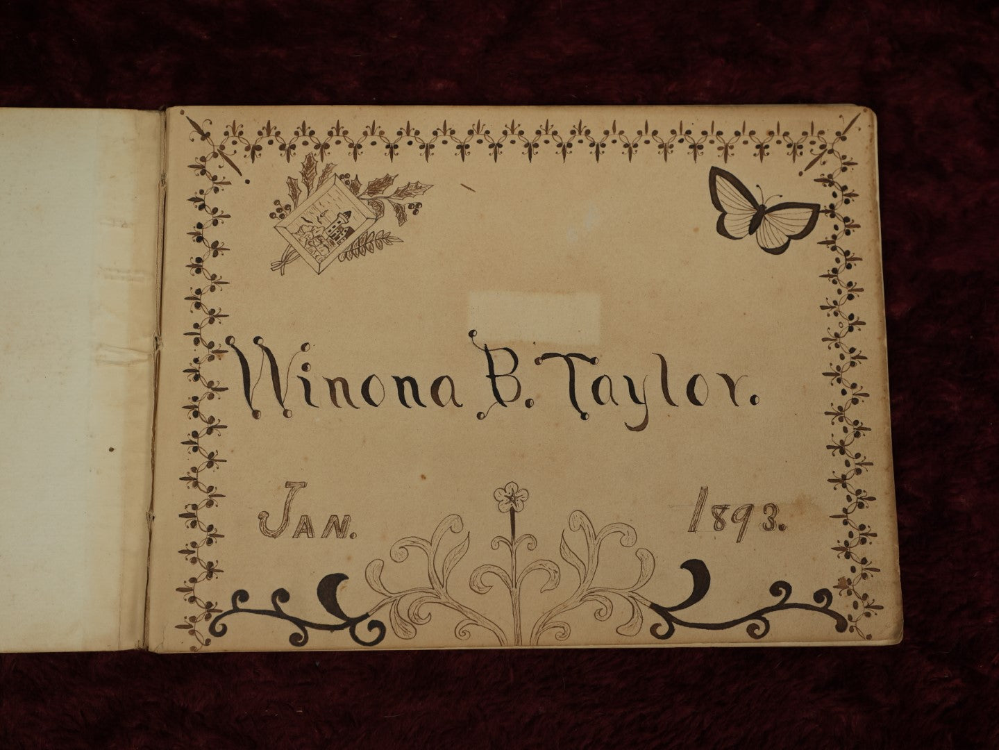 Lot 039 - 1893 Watercolor And Sketchbook Of Winona B. Taylor, Containing Numerous Watercolor Paintings Of Patterns, Textiles, And Houses And Buildings