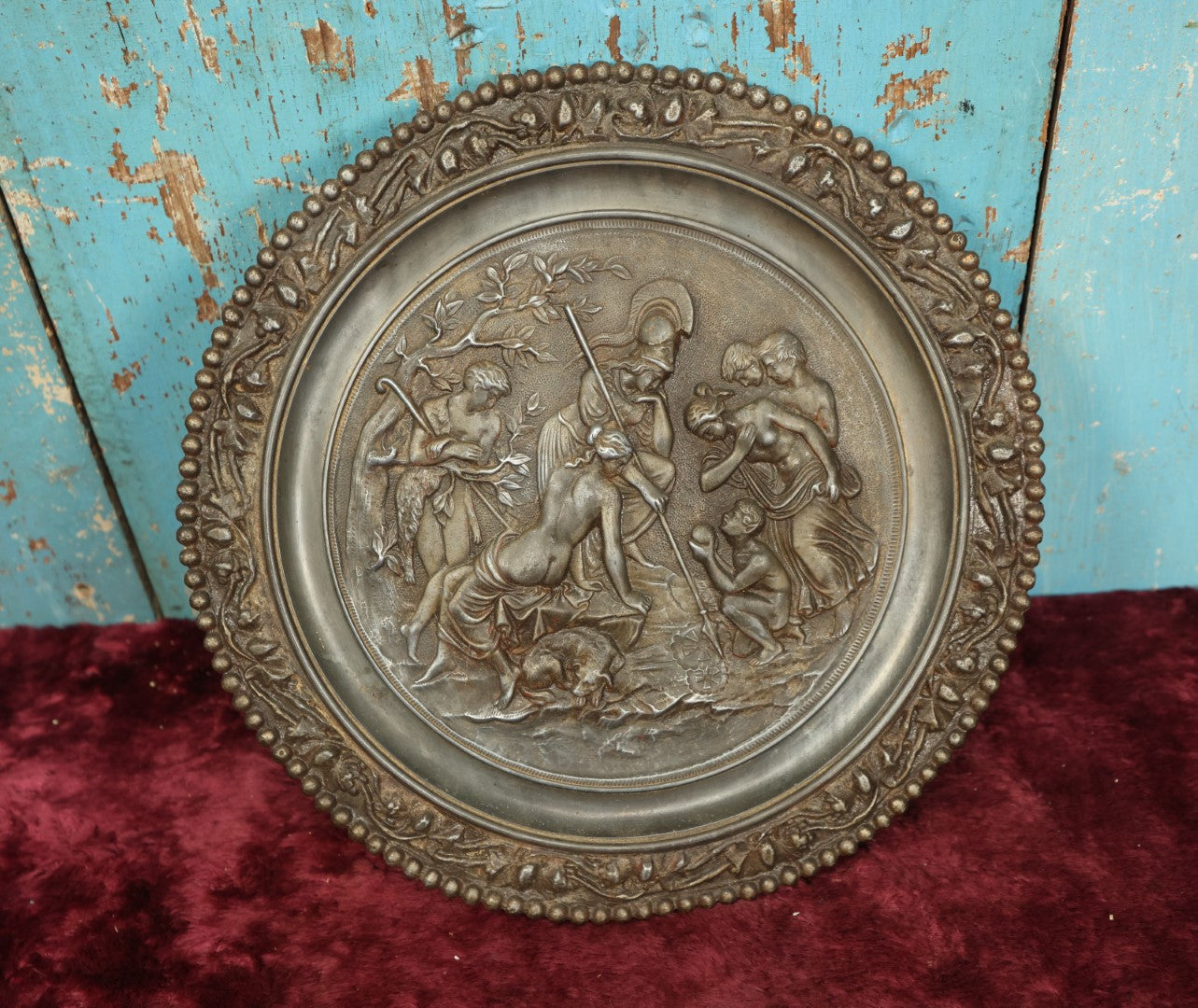 Lot 042 - Antique Cast Metal Wall Hanging Plaque Displaying Greek Or Roman Mythological Scene, Nude Woman, Dog, Boy With Pointy Ears And Tail Making Offering