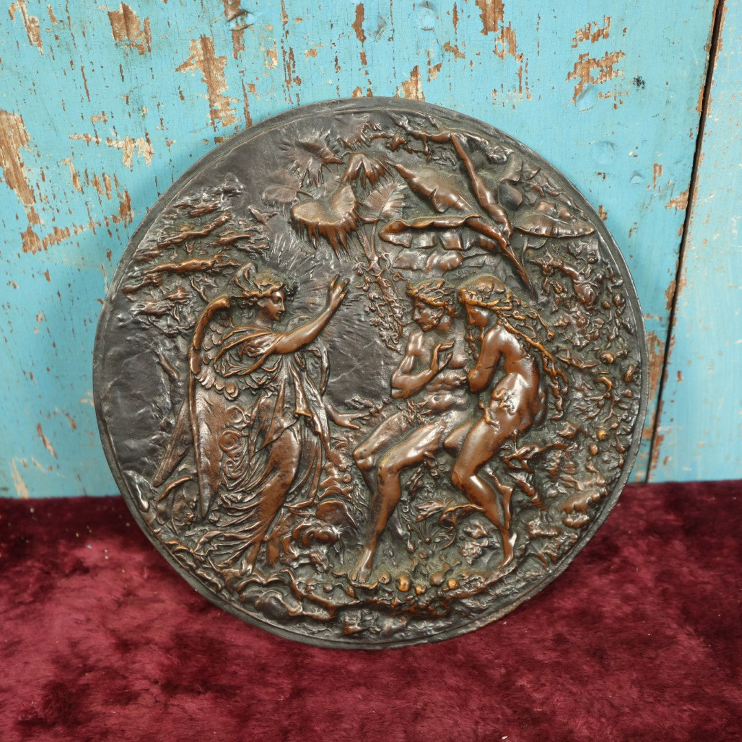 Lot 044 - Antique Cast Metal Wall Hanging Plaque Showing Adam And Eve Expelled From The Garden Of Eden, 