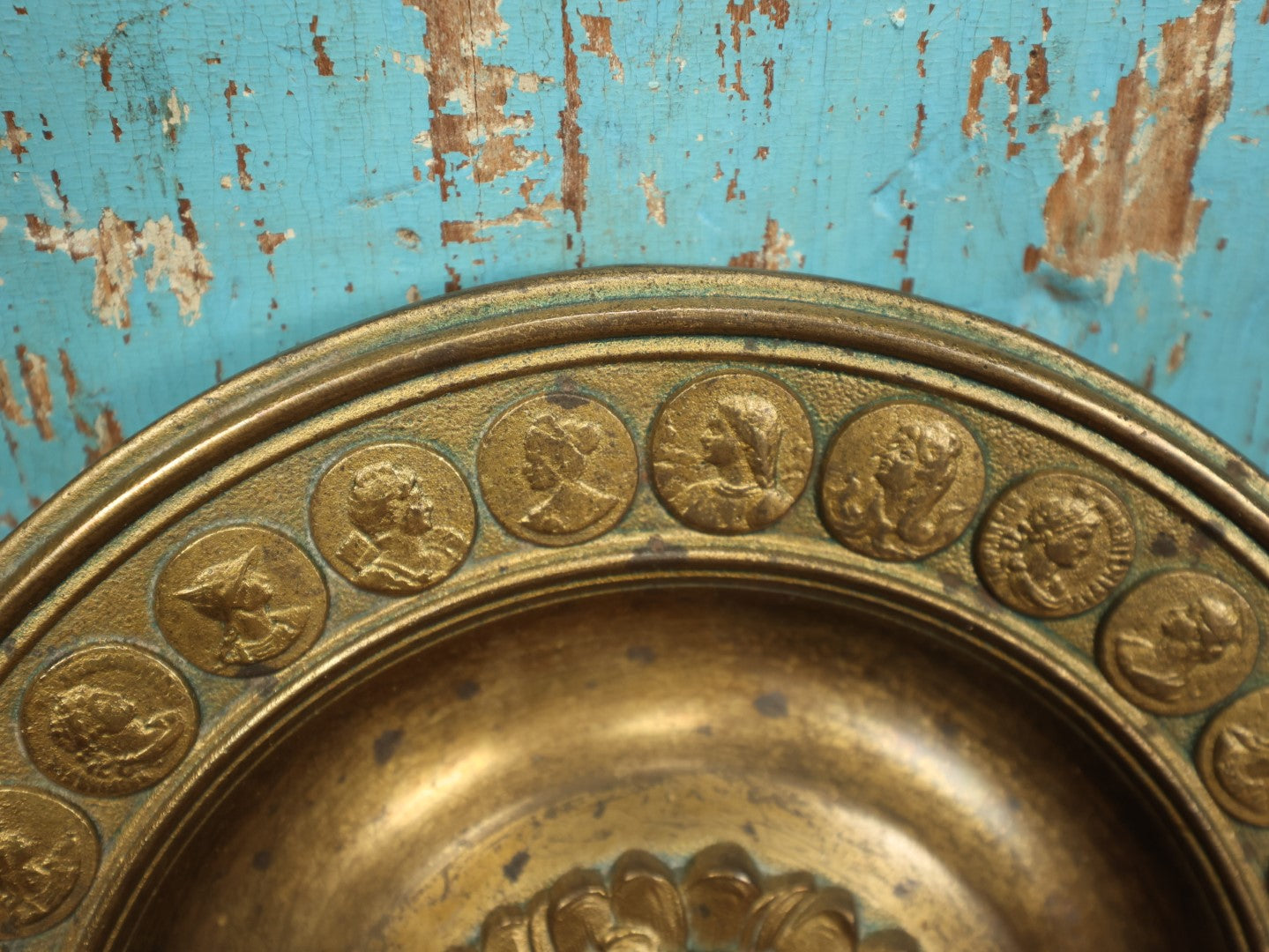 Lot 045 - Antique Cast Metal Wall Hanging Plaque Of Woman At Center Surrounded By Large Sunflower, Border Of Faux Coins With Various Subjects