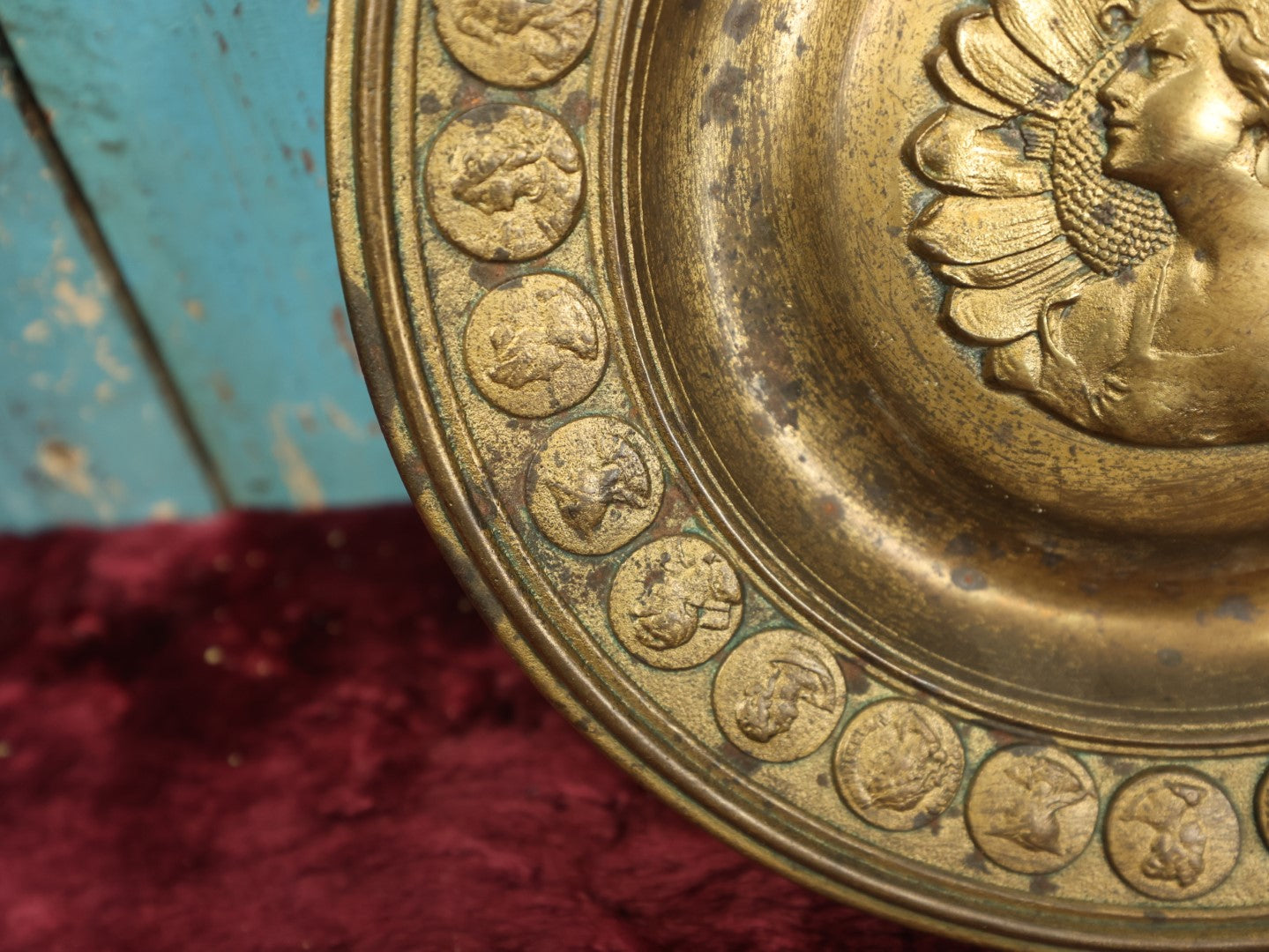 Lot 045 - Antique Cast Metal Wall Hanging Plaque Of Woman At Center Surrounded By Large Sunflower, Border Of Faux Coins With Various Subjects