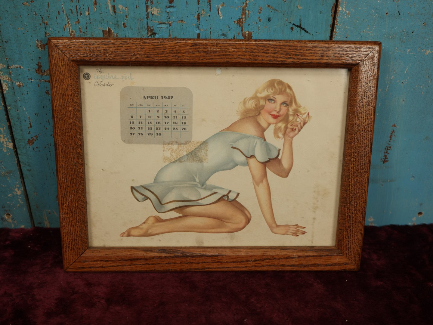 Lot 048 - Vintage Framed Esquire Girl April 1947 Pin Up Calendar With Blonde Pin Up Girl, Note Residue On Paper