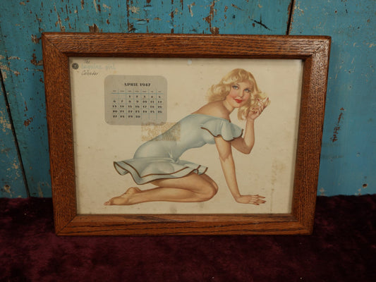 Lot 048 - Vintage Framed Esquire Girl April 1947 Pin Up Calendar With Blonde Pin Up Girl, Note Residue On Paper