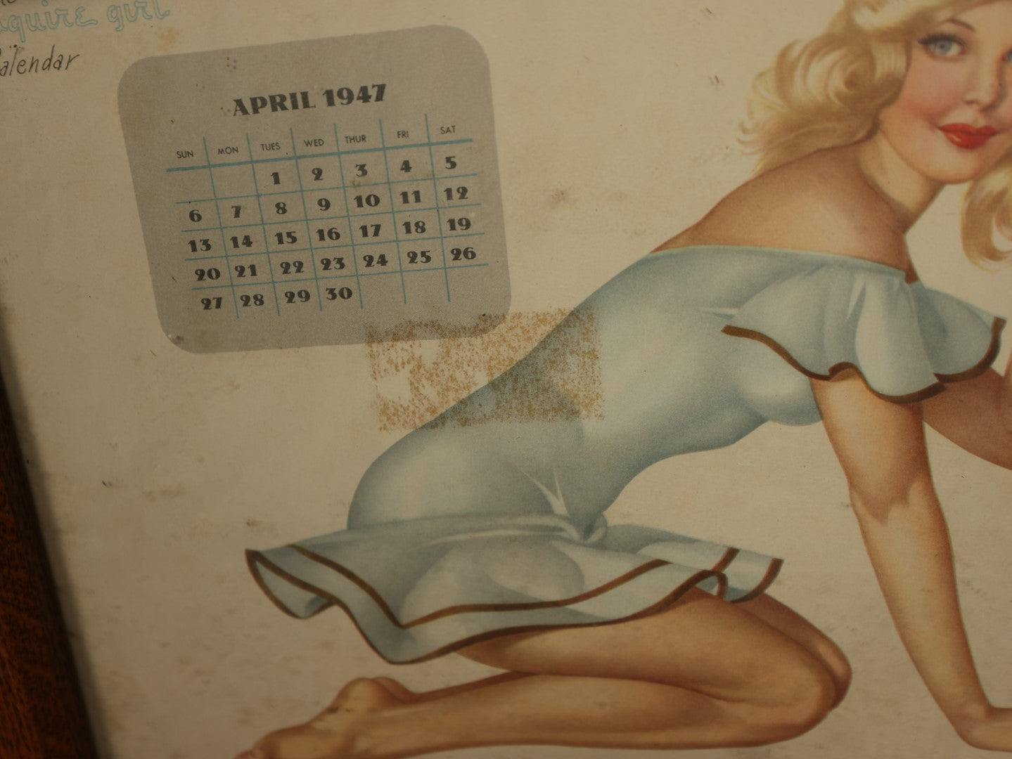 Lot 048 - Vintage Framed Esquire Girl April 1947 Pin Up Calendar With Blonde Pin Up Girl, Note Residue On Paper