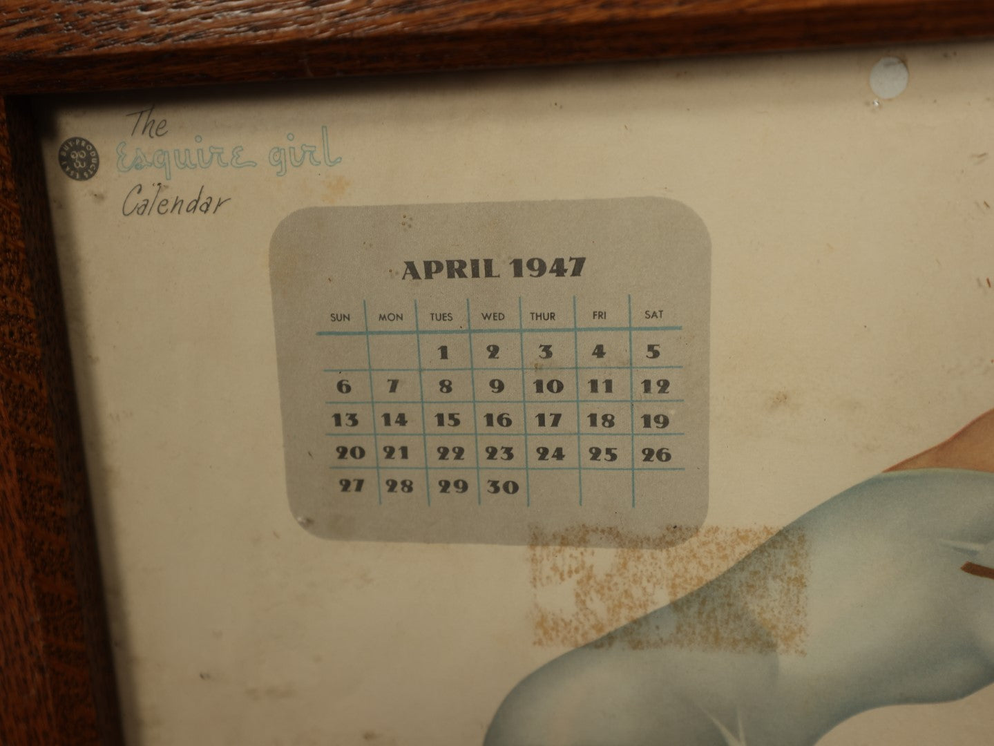 Lot 048 - Vintage Framed Esquire Girl April 1947 Pin Up Calendar With Blonde Pin Up Girl, Note Residue On Paper