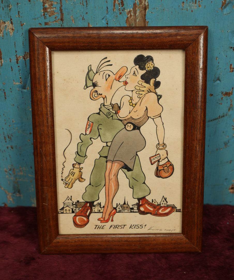 Lot 050 - Vintage Canadian Military Drawing, Post World War II Era, Titled "The First Kiss," Soldier Kissing Woman With Breast Exposed, Signed Kunz (?), K4477 On Back, May Be A Print