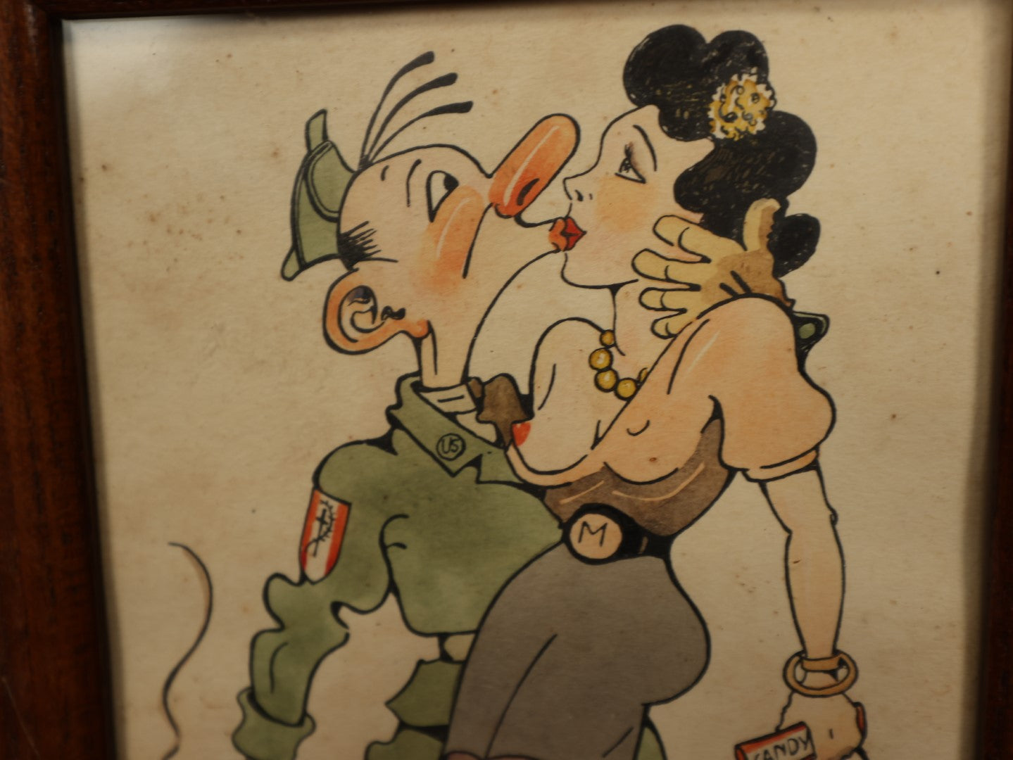 Lot 050 - Vintage Canadian Military Drawing, Post World War II Era, Titled "The First Kiss," Soldier Kissing Woman With Breast Exposed, Signed Kunz (?), K4477 On Back, May Be A Print