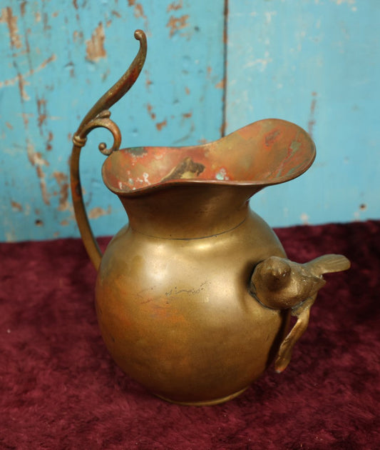 Lot 059 - Vintage Brass Pitcher With Bird Perched Ornament, Various Denting, Wear, Corrosion, Discoloration, Overall Handsome, Please Clean Before Use