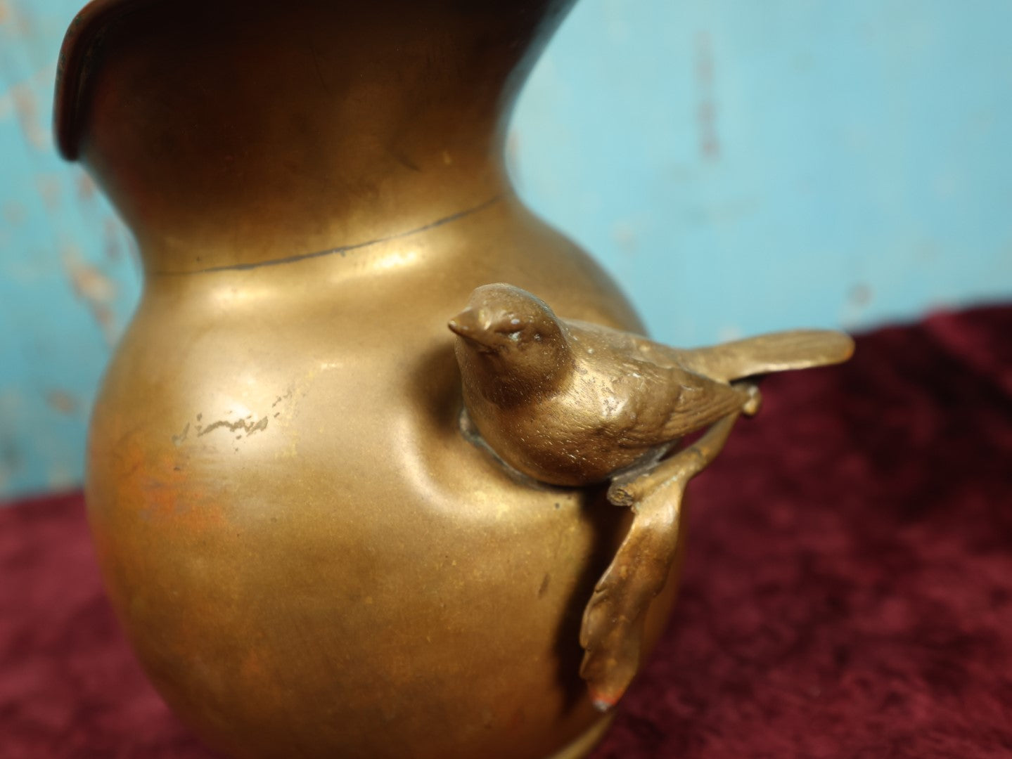 Lot 059 - Vintage Brass Pitcher With Bird Perched Ornament, Various Denting, Wear, Corrosion, Discoloration, Overall Handsome, Please Clean Before Use