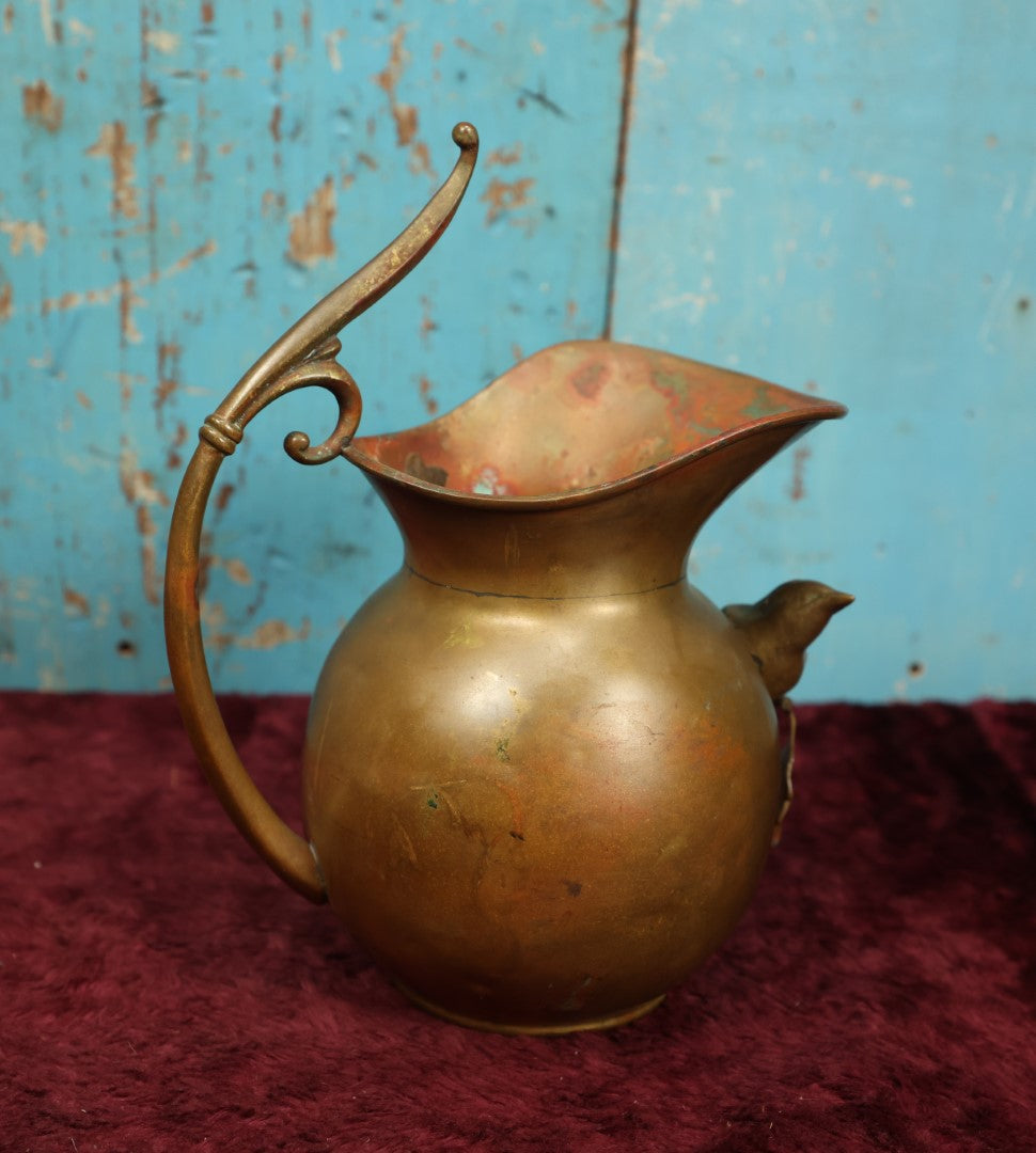 Lot 059 - Vintage Brass Pitcher With Bird Perched Ornament, Various Denting, Wear, Corrosion, Discoloration, Overall Handsome, Please Clean Before Use