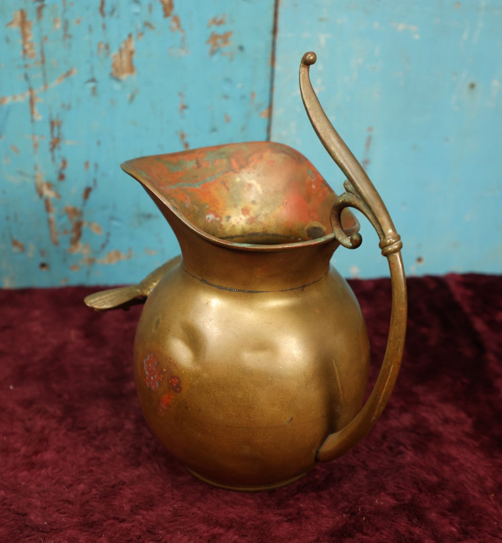 Lot 059 - Vintage Brass Pitcher With Bird Perched Ornament, Various Denting, Wear, Corrosion, Discoloration, Overall Handsome, Please Clean Before Use