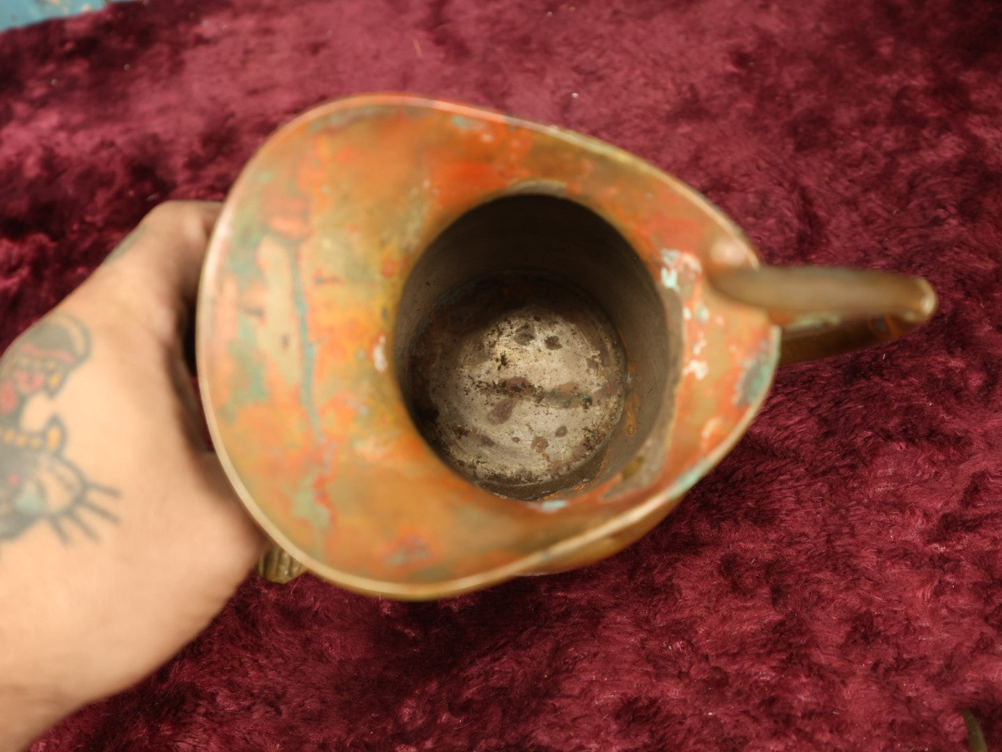 Lot 059 - Vintage Brass Pitcher With Bird Perched Ornament, Various Denting, Wear, Corrosion, Discoloration, Overall Handsome, Please Clean Before Use