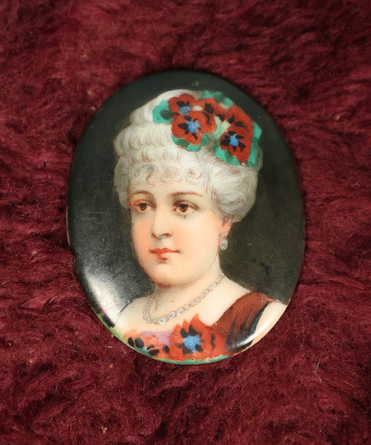 Lot 061 - Antique Victorian Hand Painted Porcelain Miniature Portrait Of Woman With Red Flowers In Hair, No Setting, Marked "26" On Back