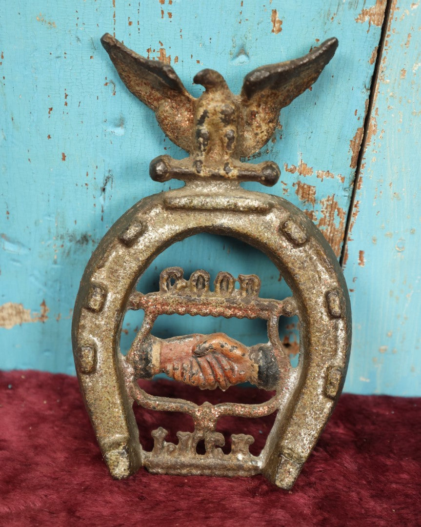 Lot 065 - Antique Cast Iron Good Luck Fraternal Handshake Horse Shoe With Eagle, Remnants Of Original Paint