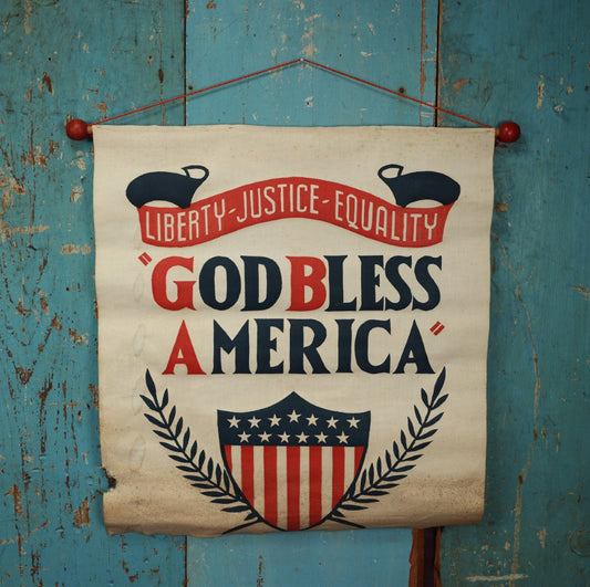 Lot 068 - Vintage God Bless America Liberty Justice And Equality For All Patriotic Banner With Wood Pole, Hanging Rope, Shield With Stars And Stripes, Note Large Loss, Various Wear