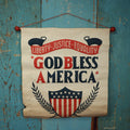 Lot 068 - Vintage God Bless America Liberty Justice And Equality For All Patriotic Banner With Wood Pole, Hanging Rope, Shield With Stars And Stripes, Note Large Loss, Various Wear