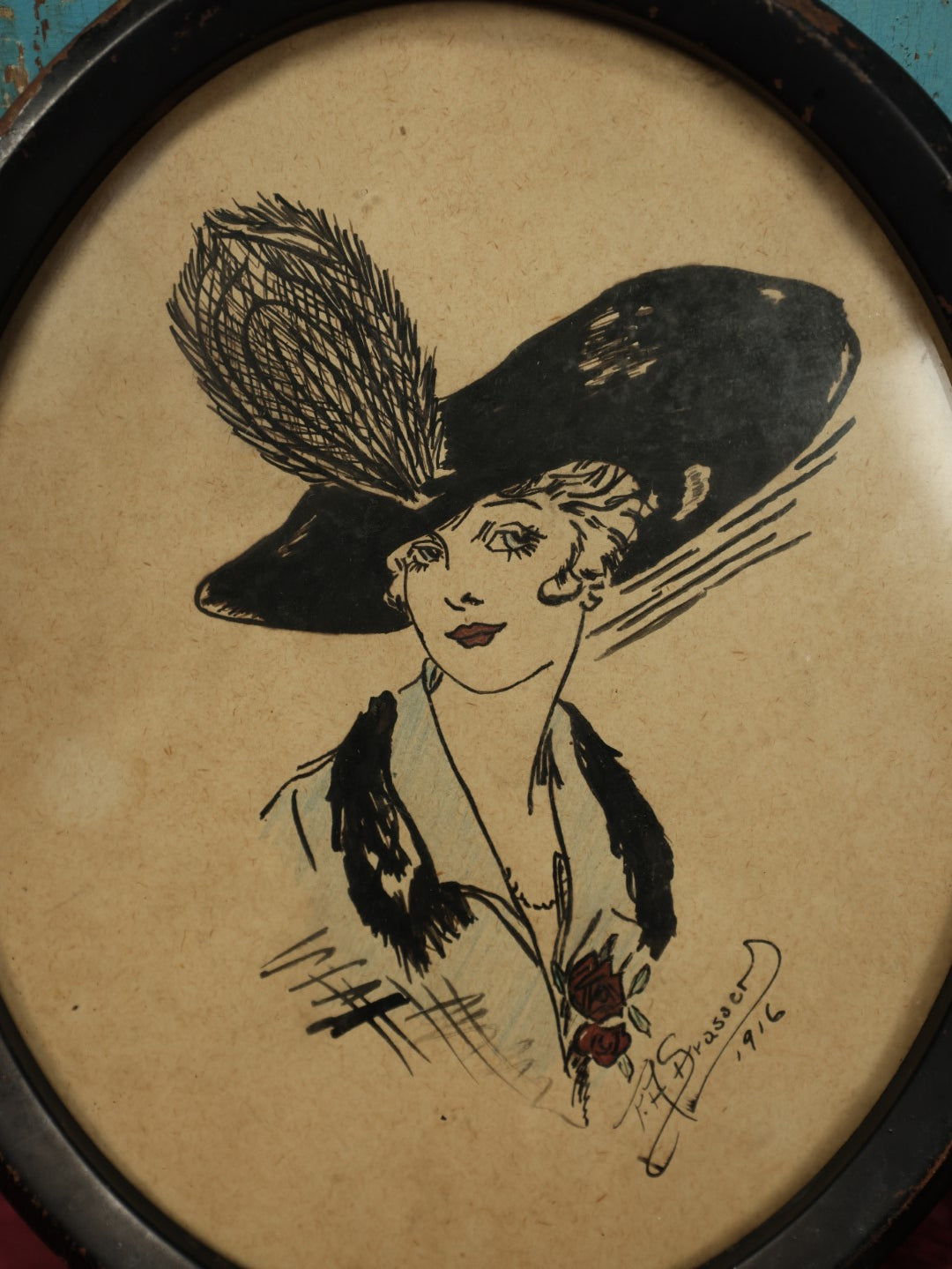 Lot 070 - Antique Drawing Of Woman With Large Feather Hat, Demure Appearance, Signed F.A. Strasser, 1916, Appears To Be Pen And Ink With Colored Pencil, May Be Print, In Oval Frame