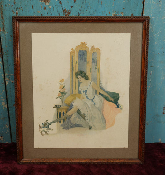 Lot 071 - Framed Antique Risque Pinup Print, "Lucky Dog," Dog Pulling Off Woman's Stocking, Published By Edward Stern And Co. Inc., Philadelphia