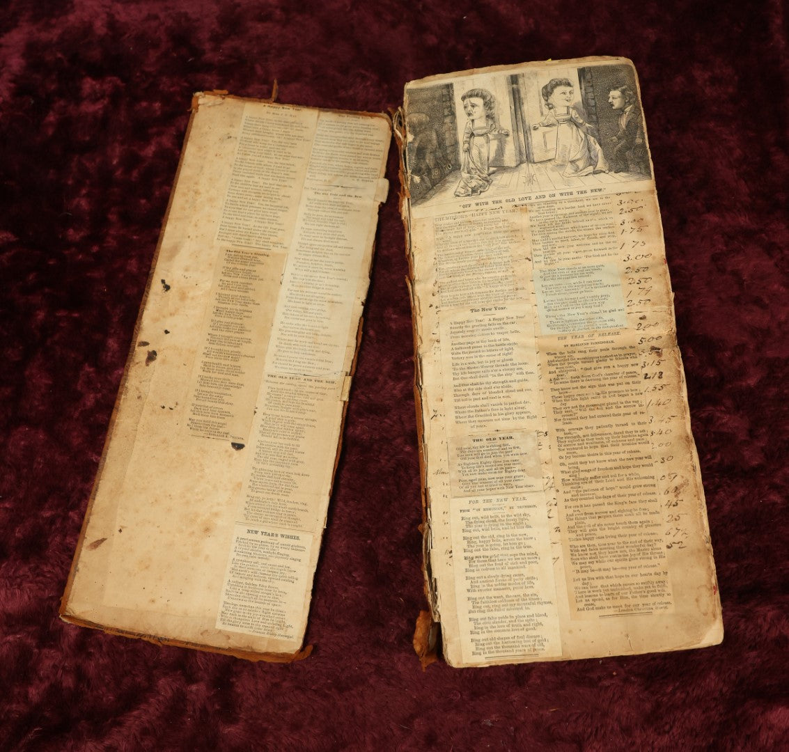 Lot 074 - Extensive 19th Century Ledger Turned Scrap Book, Absolutely Packed With Poems, Illustrations Cut From Newspaper And Magazines, Handwriting And More, Cover Detached