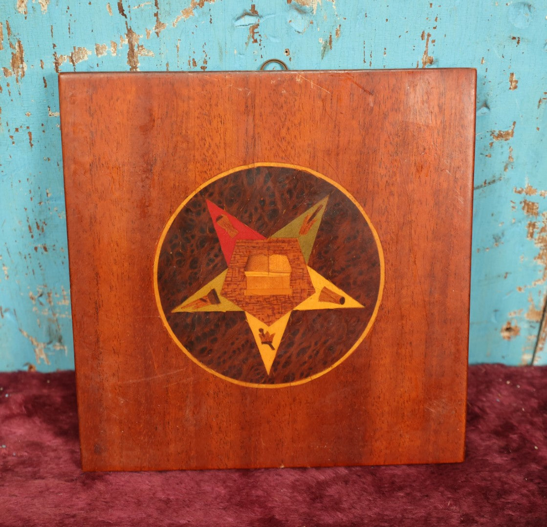 Lot 078 - Vintage Masonic Order Of The Eastern Star Freemasons Compass, Square, And G Marquetry Inlaid Wooden Plaque Wall Hanger