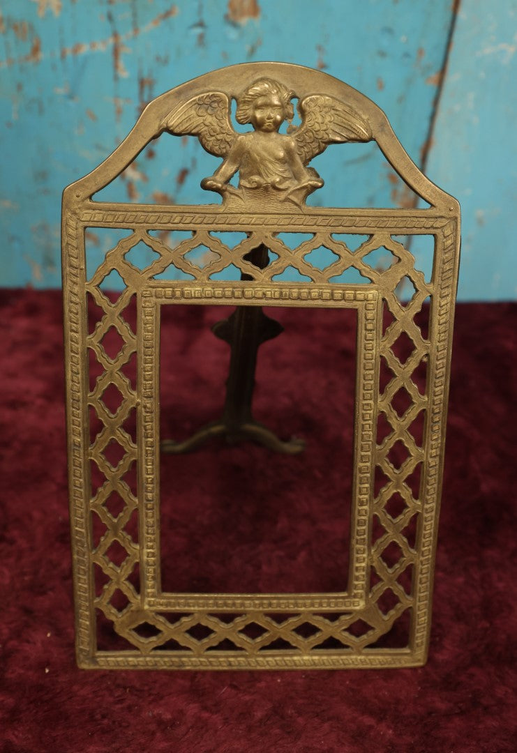 Lot 080 - Antique Cast Metal Brass Frame With Angel At Top, Kickstand