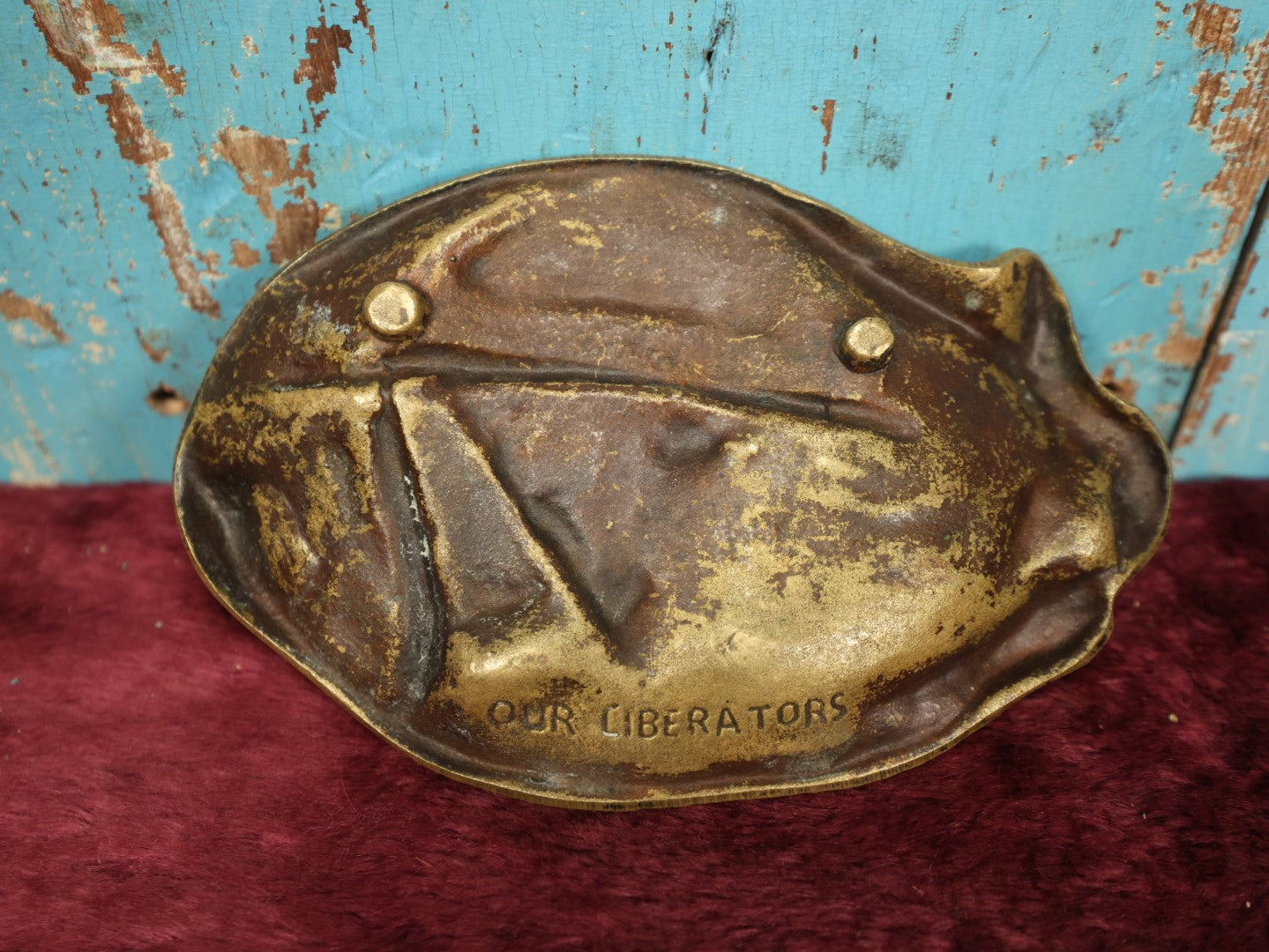 Lot 082 - Vintage "Our Liberators" World War II Era Cast Metal Tray, Coin Dish, Soldier Rushing Into Battle Wearing Helmet