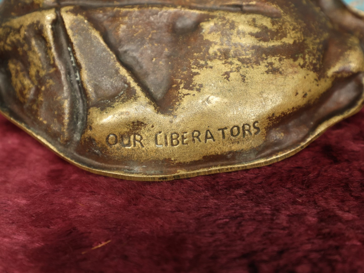 Lot 082 - Vintage "Our Liberators" World War II Era Cast Metal Tray, Coin Dish, Soldier Rushing Into Battle Wearing Helmet