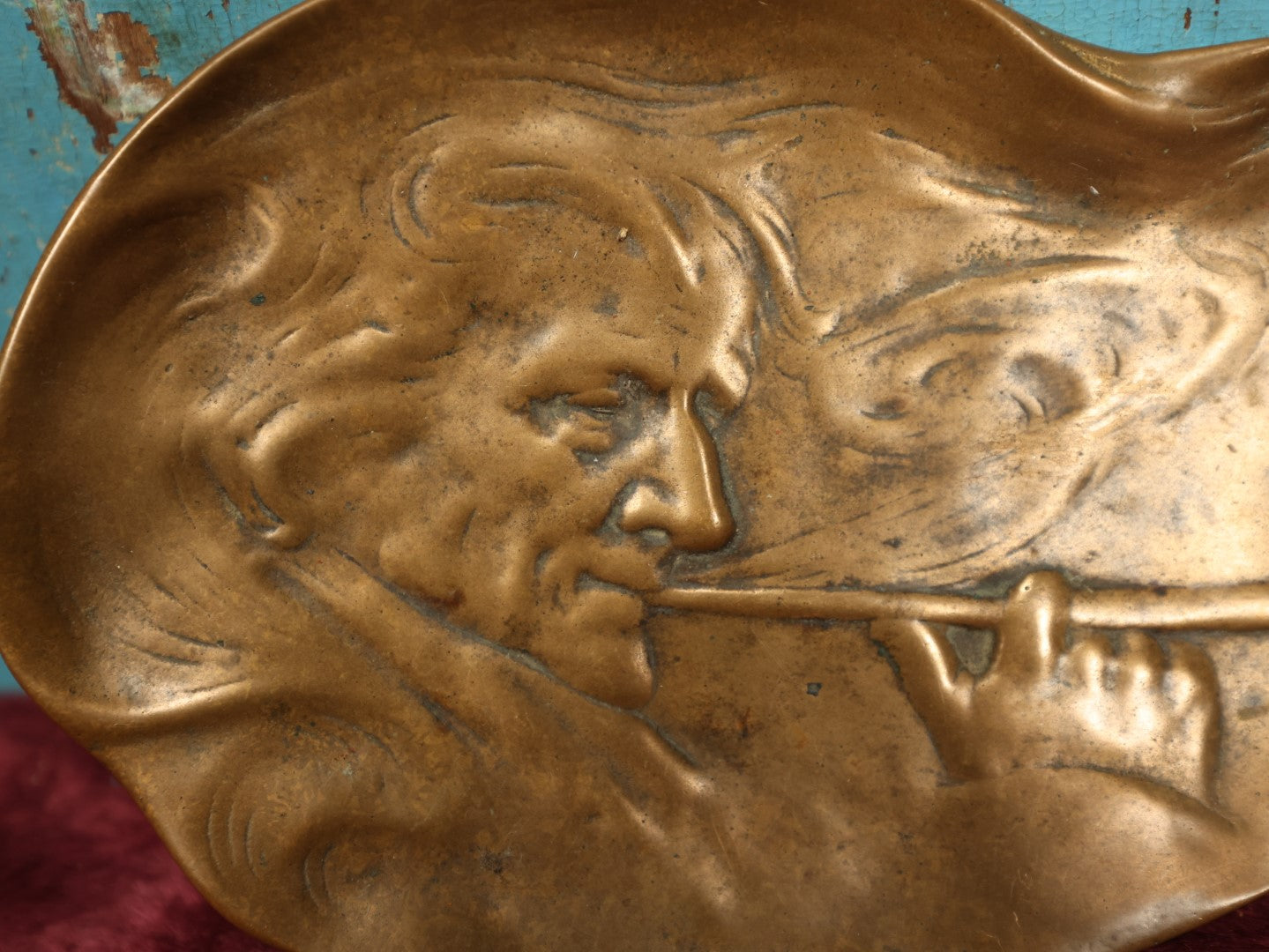 Lot 083 - Antique Metamorphic Cast Metal Tray With Man Smoking Pipe, Smoke Surrounds Him, Marked E.F. Caldwell & Co., Inc., 6313