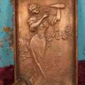 Lot 084 - Antique Cast Metal Ashtray Cigarette Tray Of Woman Pouring A Glass Of Wine, Surrounded By Leaves, Plants