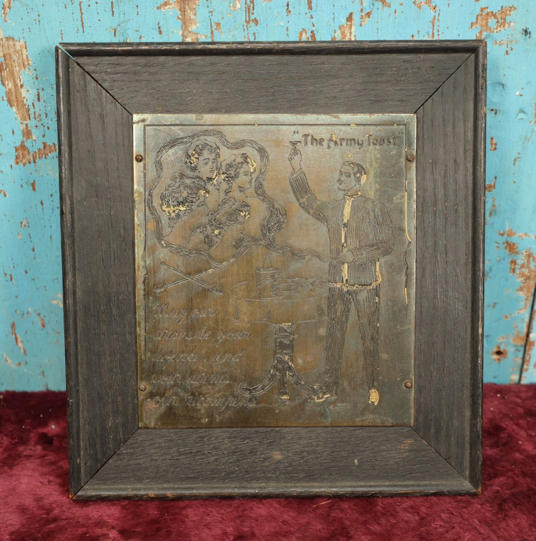 Lot 085 - Antique "The Army Toast" Metamorphic Metal Plaque On Wood Frame, Smoke Becomes And Surrounds Women, "May Our Arms Be Your Defence, And Your Arms Our Recompence," Wharf-Eaton Co., 1908