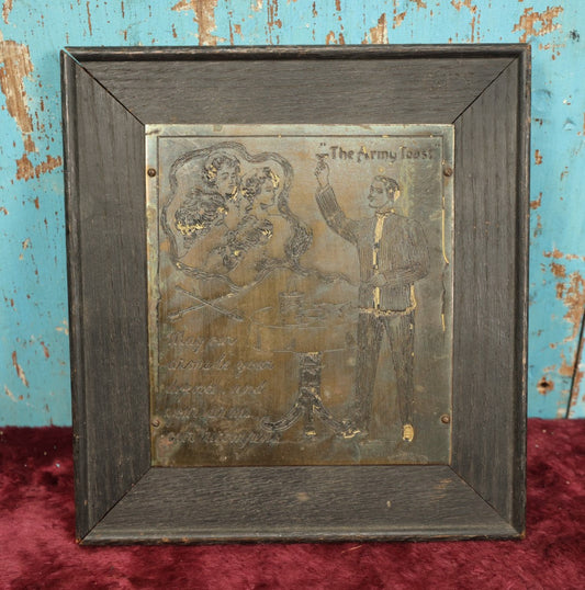 Lot 085 - Antique "The Army Toast" Metamorphic Metal Plaque On Wood Frame, Smoke Becomes And Surrounds Women, "May Our Arms Be Your Defence, And Your Arms Our Recompence," Wharf-Eaton Co., 1908