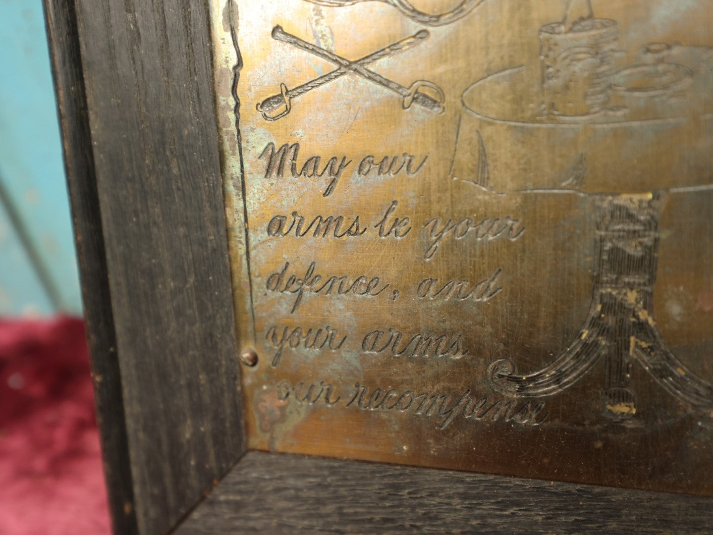 Lot 085 - Antique "The Army Toast" Metamorphic Metal Plaque On Wood Frame, Smoke Becomes And Surrounds Women, "May Our Arms Be Your Defence, And Your Arms Our Recompence," Wharf-Eaton Co., 1908