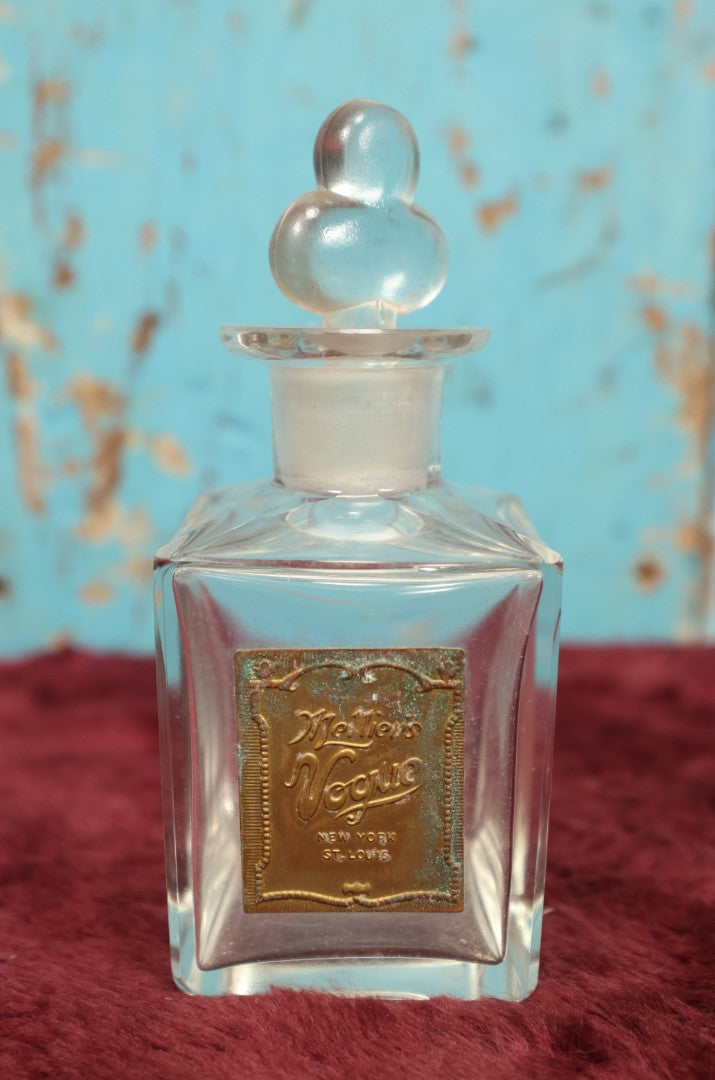 Lot 089 - Vintage Melliers Vogue Perfume Bottle, New York, St. Louis, Clear Glass, Gold Colored Label, Note Wear, Corrosion