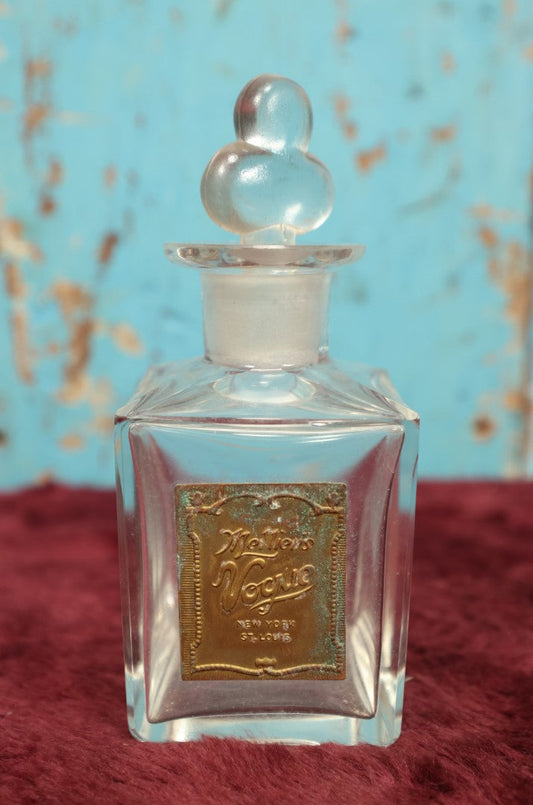 Lot 089 - Vintage Melliers Vogue Perfume Bottle, New York, St. Louis, Clear Glass, Gold Colored Label, Note Wear, Corrosion