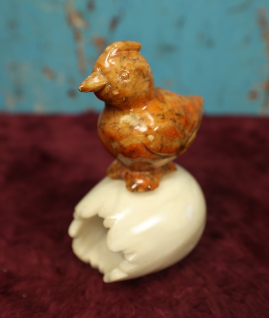 Lot 092 - Vintage Carved Alabaster Chicken Standing On Cracked Egg Shell, Hand Carved In Italy, With Sticker, Top Of Head Feels Rough, Possible Chip, See Photos