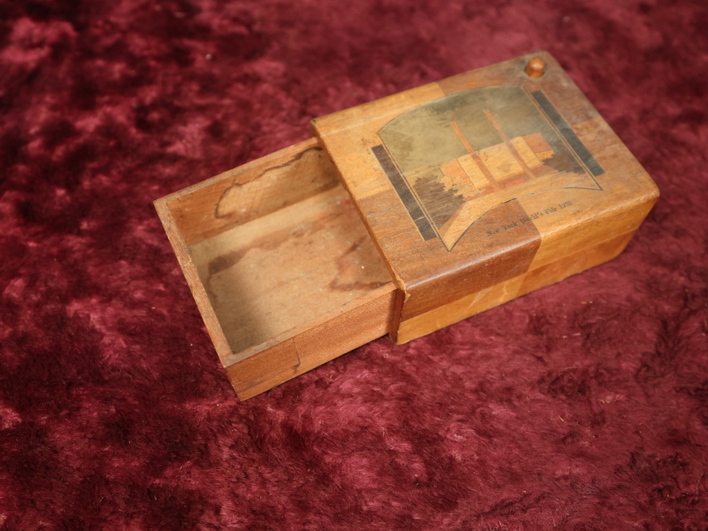 Lot 093 - New York World's Fair 1939 Marquetry Inlaid Spring Loaded Box Drawer, Pressing Button Opens Box, Fading And Wear To Wood