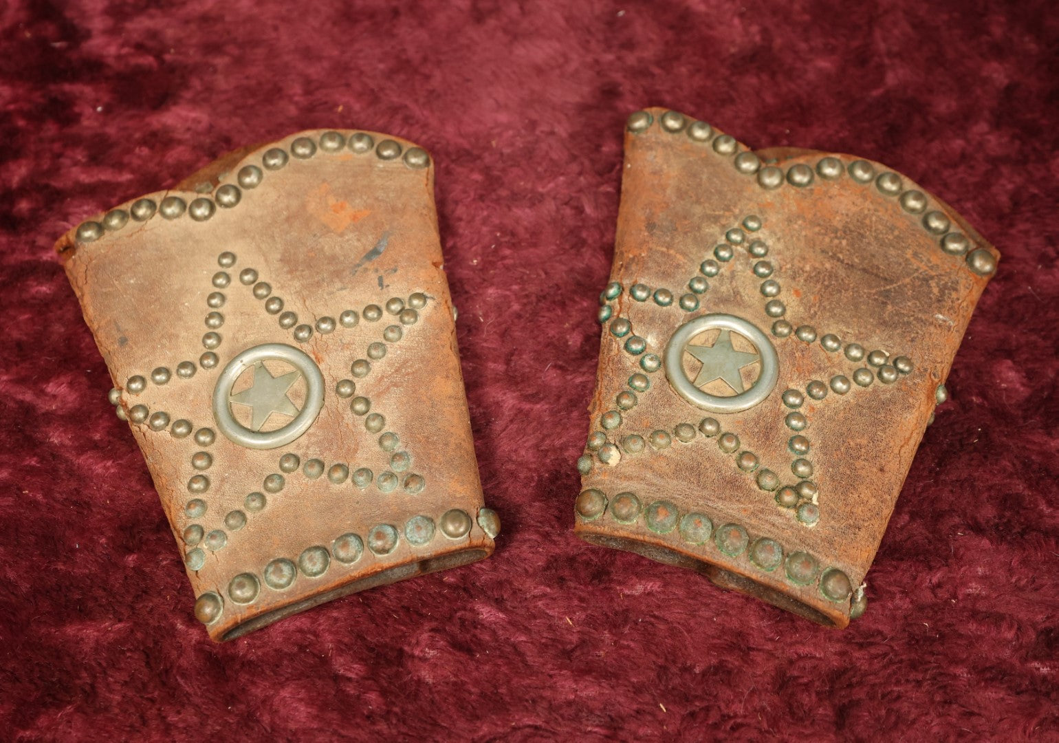 Lot 094 - Pair Of Vintage Leather Western Studded Star Cowboy Cuffes, Leather Shows Wear, Cracking Along Folds, Brass Hardware, Snaps