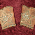 Lot 094 - Pair Of Vintage Leather Western Studded Star Cowboy Cuffes, Leather Shows Wear, Cracking Along Folds, Brass Hardware, Snaps