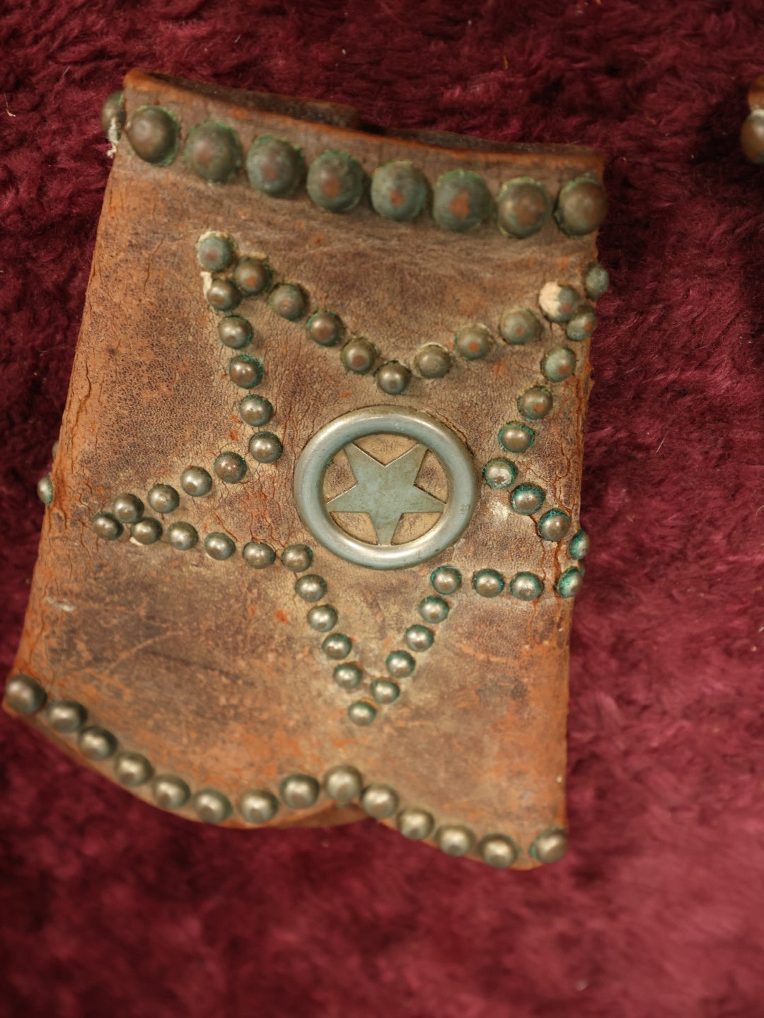 Lot 094 - Pair Of Vintage Leather Western Studded Star Cowboy Cuffes, Leather Shows Wear, Cracking Along Folds, Brass Hardware, Snaps