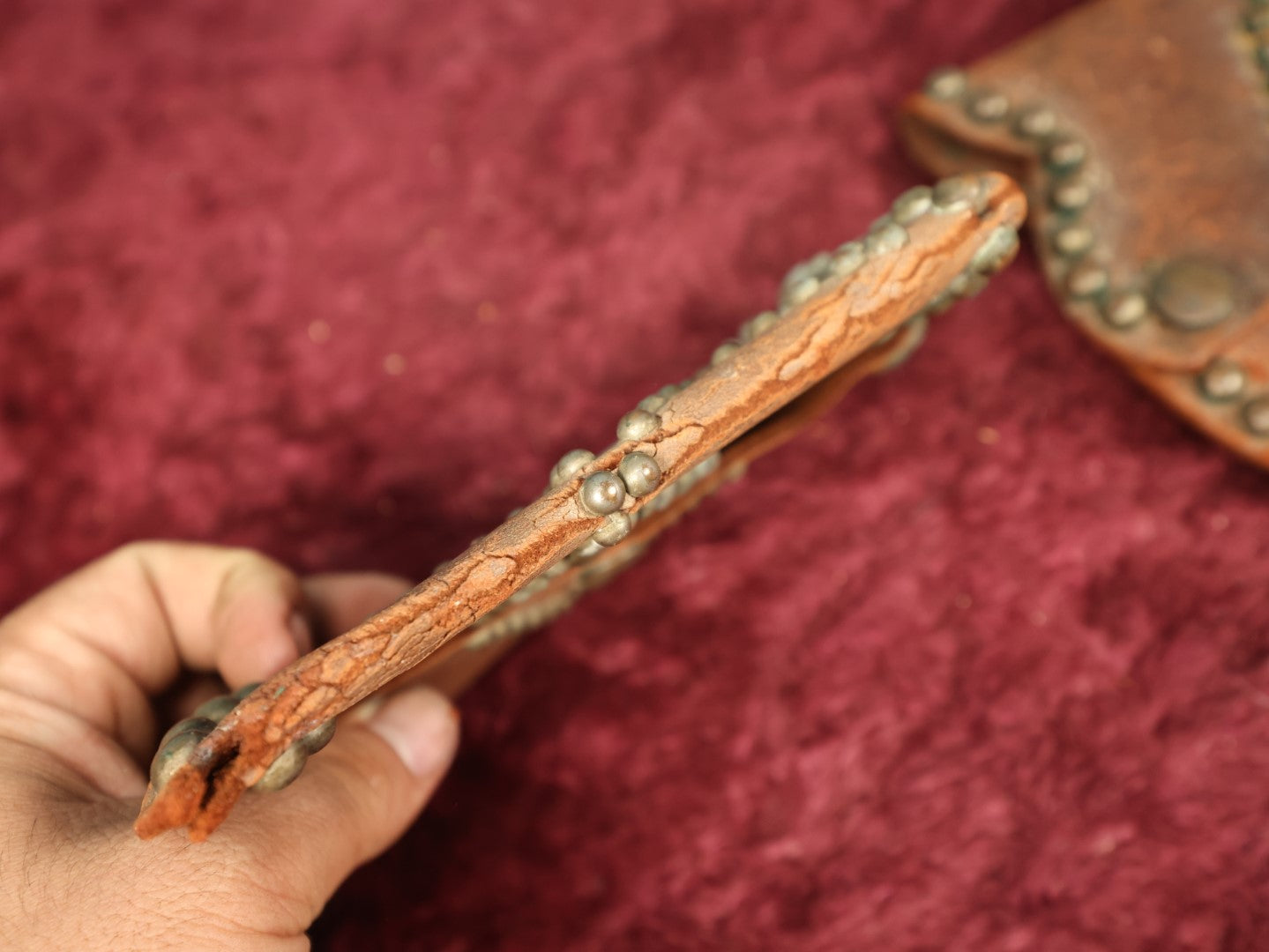 Lot 094 - Pair Of Vintage Leather Western Studded Star Cowboy Cuffes, Leather Shows Wear, Cracking Along Folds, Brass Hardware, Snaps