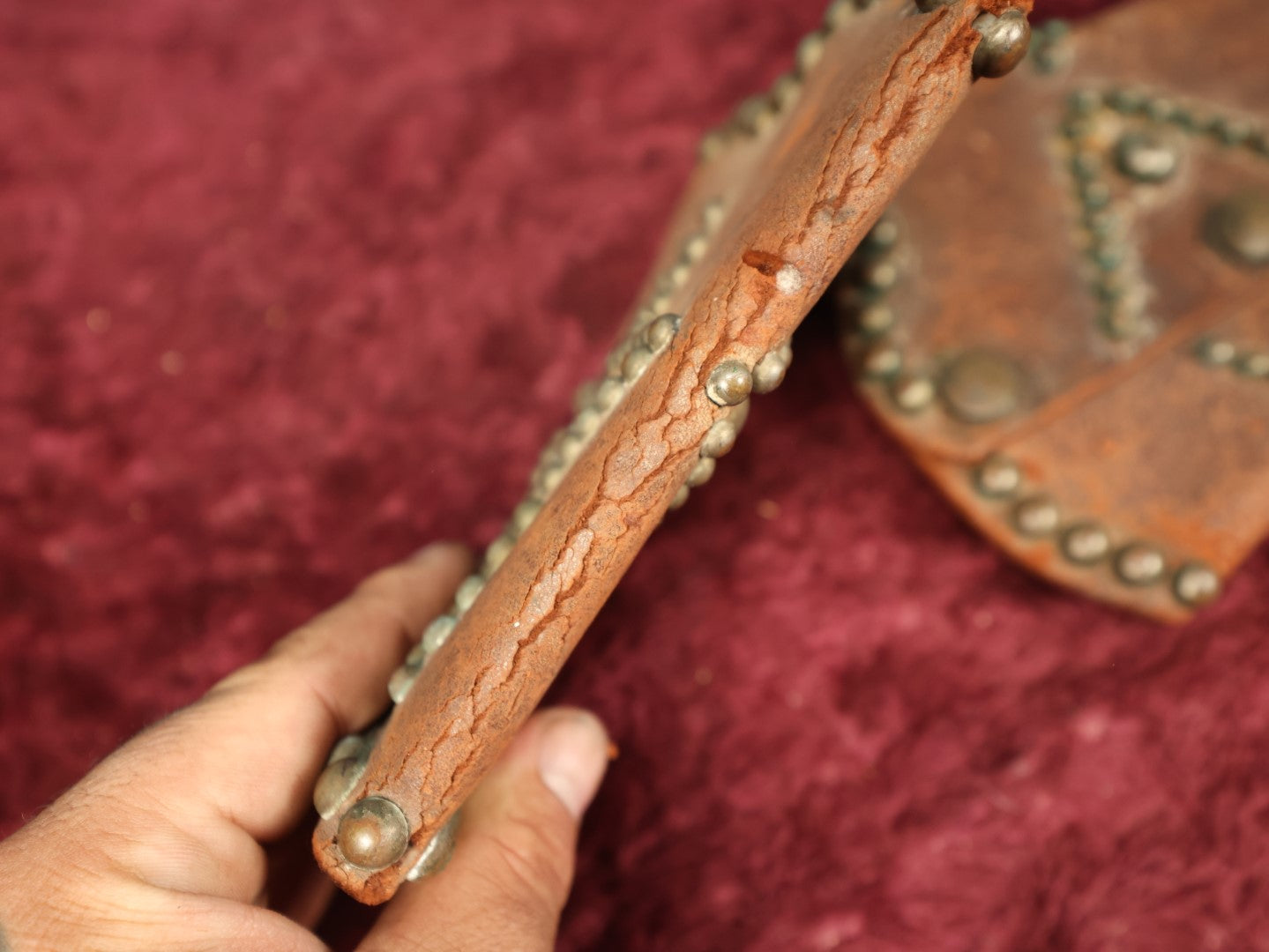 Lot 094 - Pair Of Vintage Leather Western Studded Star Cowboy Cuffes, Leather Shows Wear, Cracking Along Folds, Brass Hardware, Snaps