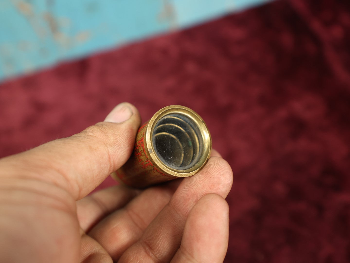 Lot 095 - Vintage Brass Miniature Novelty Telescope, Remnants Of Red Paint