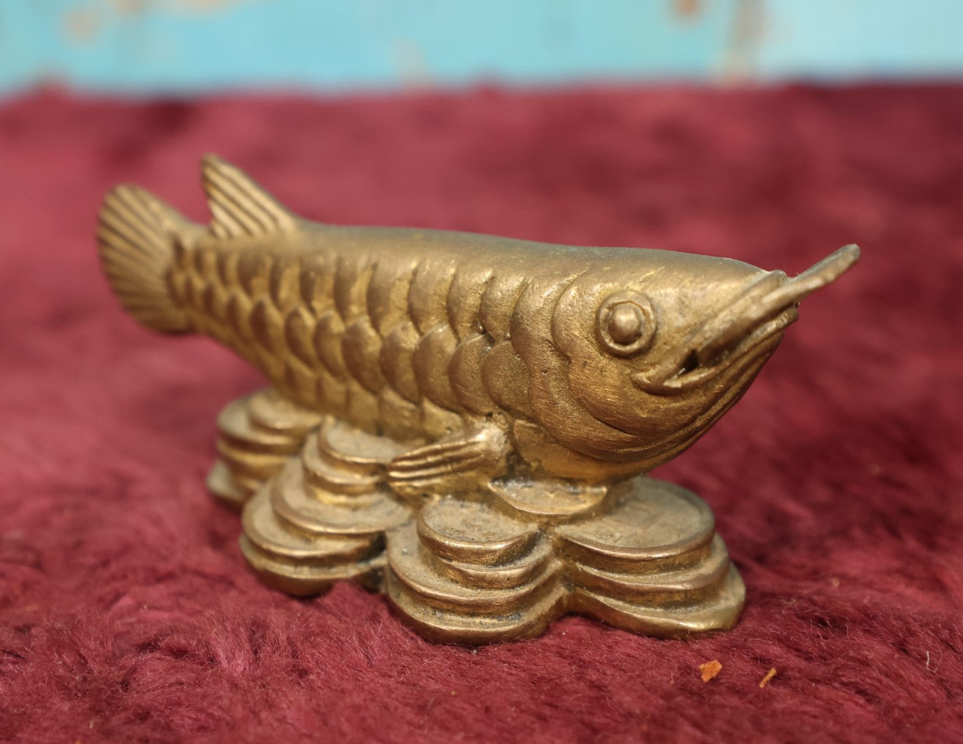 Lot 098 - Good Luck Cast Metal Brass Coi Fish, Sitting On Pile Of Lucky Coins, Common