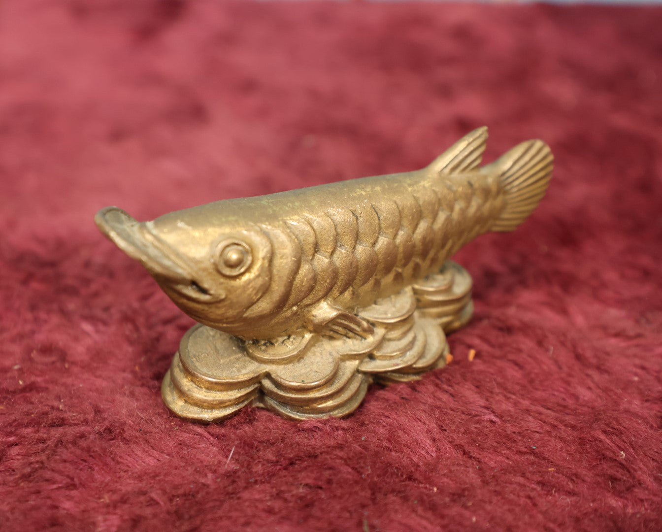 Lot 098 - Good Luck Cast Metal Brass Coi Fish, Sitting On Pile Of Lucky Coins, Common