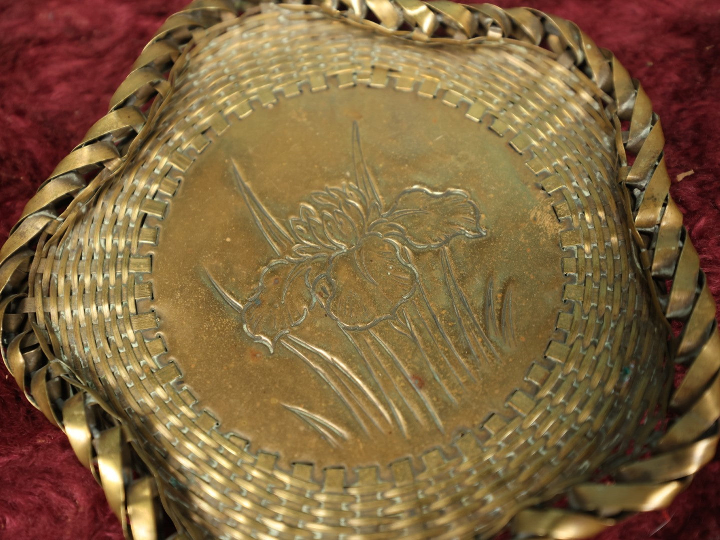 Lot 103 - Vintage Woven Brass Basket With Lotus Motif, Not Cast, Metal Is Actually Woven