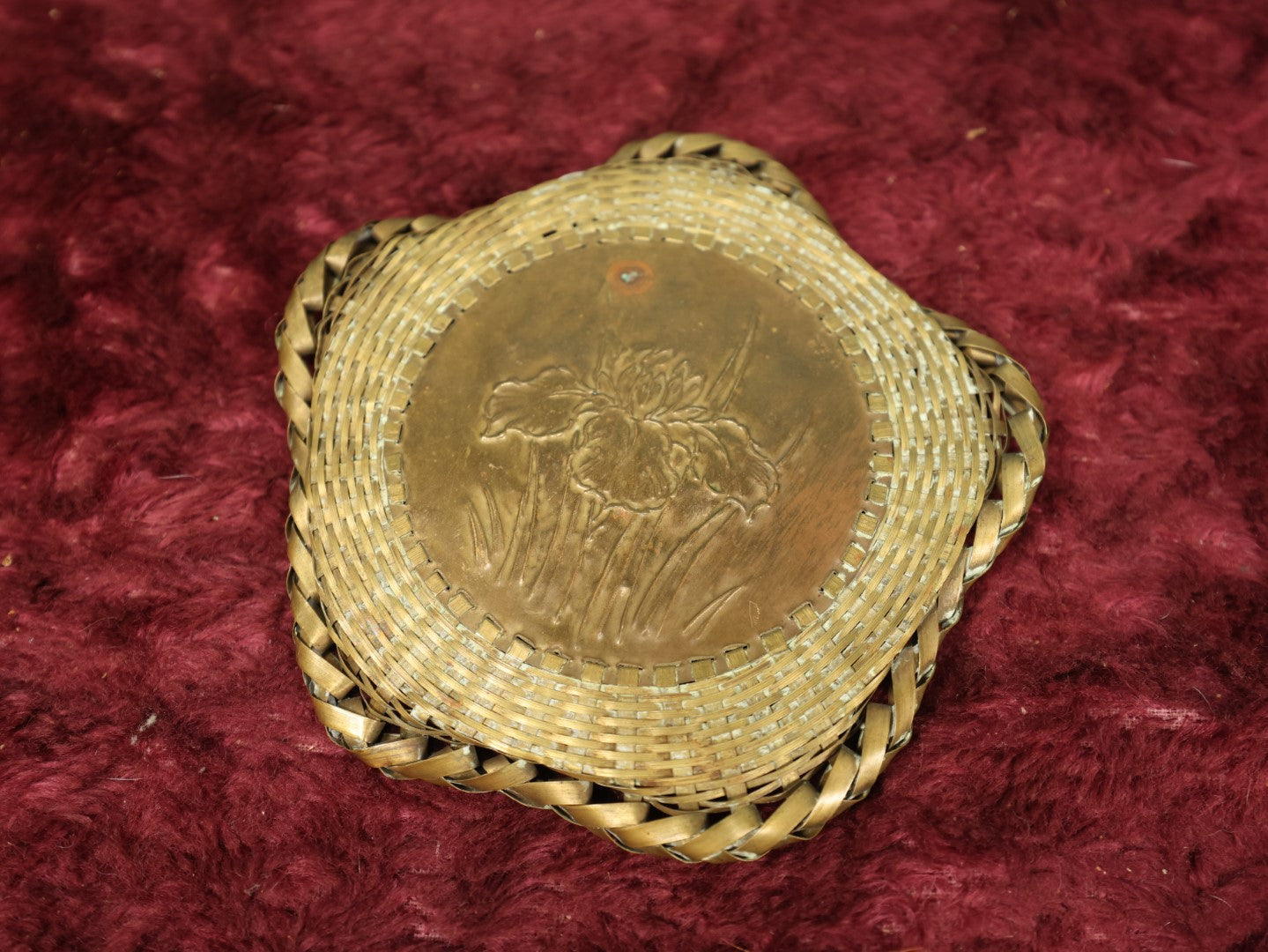 Lot 103 - Vintage Woven Brass Basket With Lotus Motif, Not Cast, Metal Is Actually Woven